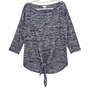 Max Studio Black Space Dye Tie Front Top XL 3/4 Sleeve Boat Neck Knit